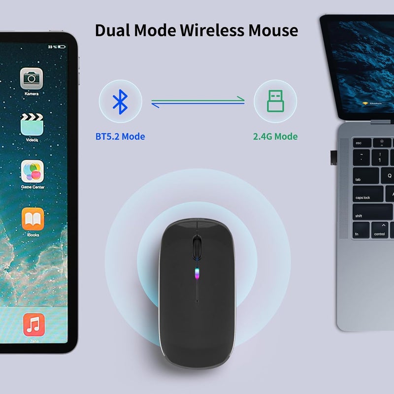 KANMABPC Wireless Bluetooth Mouse – Rechargeable, Silent, Dual Mode (Bluetooth 5.2 & USB) with LED Lights – Portable for Laptop, Desktop, & Tablet(Grey) - Image 4